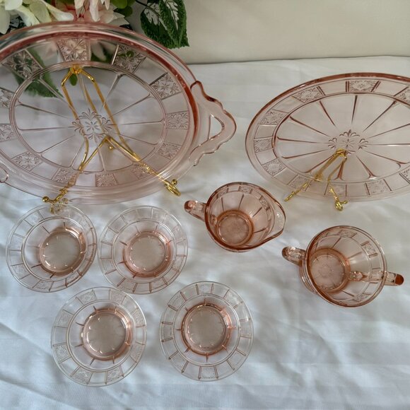 Jeannette Doric Pink Depression Glass Set Vintage Cream Sugar Bowls Platter Set - Picture 8 of 8